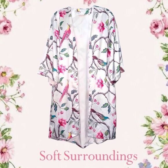 Soft Surroundings Women Medium Kimono Wrap Floral Birds White Satin Lined Asian‎ - Picture 1 of 12